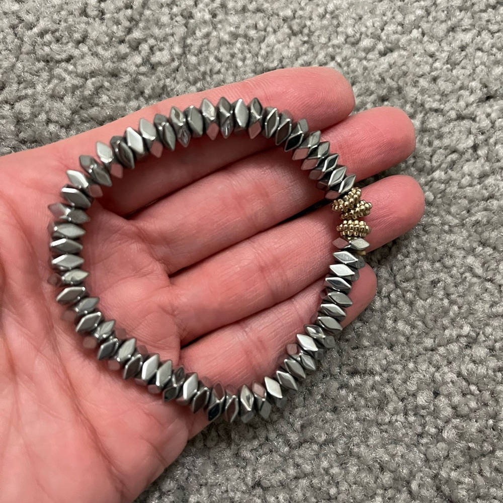 Hematite silver gold beaded stretch bracelet